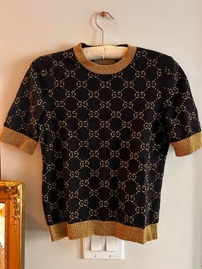 Authentic! Gucci GG cotton lamé sweater Black/Gold size small